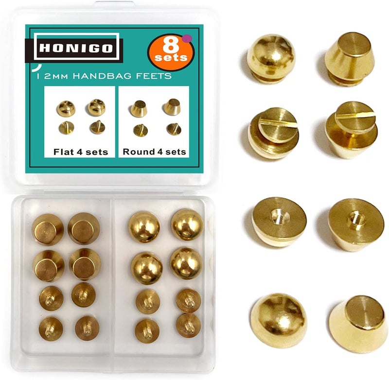 honigo 8 Pack Gold Rivets Stud Handbag Purse Feet 1/2 inch 4 Pack Flat Head 4 Pack Round Metal Solid Brass Studs Screw Back Feet 12mm Buckle Spikes Leathercraft for Leather Bag Totes DIY Craft - Image 1